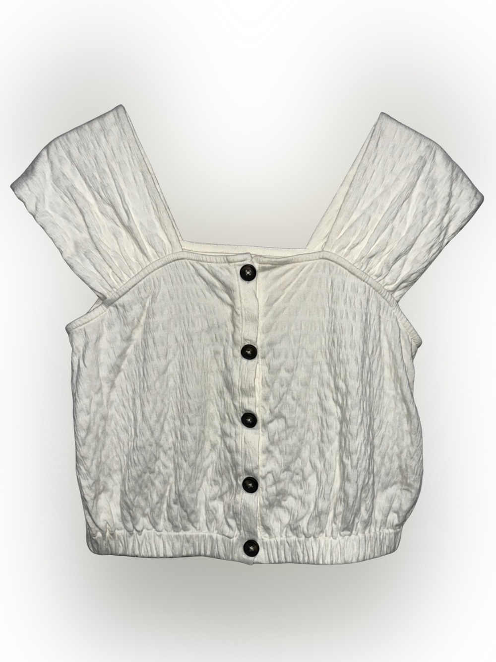 Women's White Textured Button Front Square Neck Crop Top